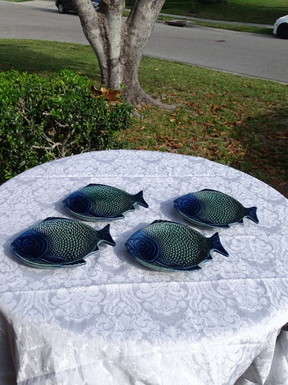 Set of 4 Vtg Olfaire Ceramic Blue Green Fish Shaped Small Plates Appetizer #5162